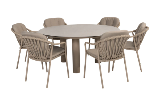 Dining tafel Donato latte Ø160 cm + Dining stoel Manitoba latte 7-dlg