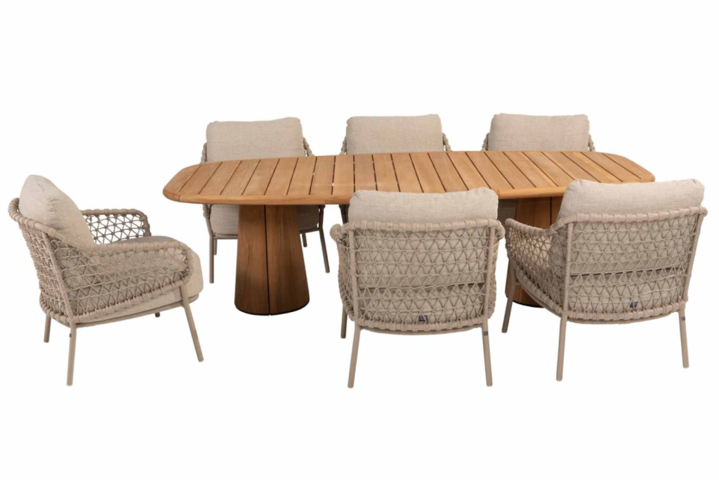 Low dining tafel Capri barrel-vorm 240 cm + Low dining stoel Sardinia