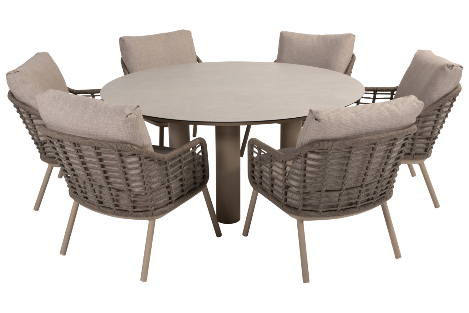 Low dining tafel Donato Ø160 cm latte + Low dining stoel Puglia