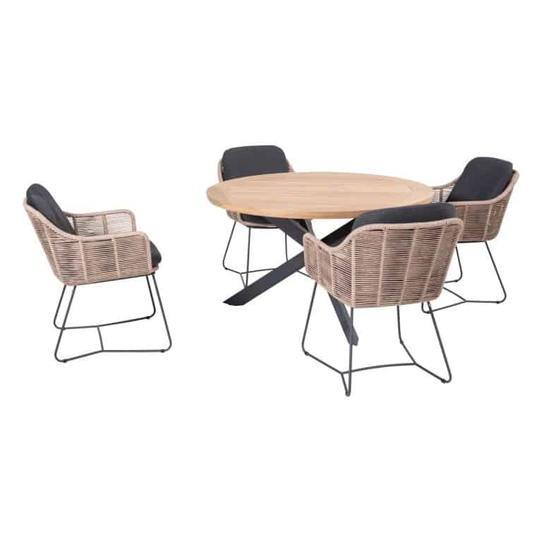 Dining tafel Prado antraciet Ø 130 cm + Dining stoel Belmond naturel