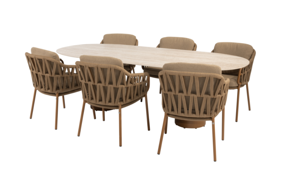 Dining tafel Colorado travertin 240 cm + Dining stoel Biarritz amber 8-dlg