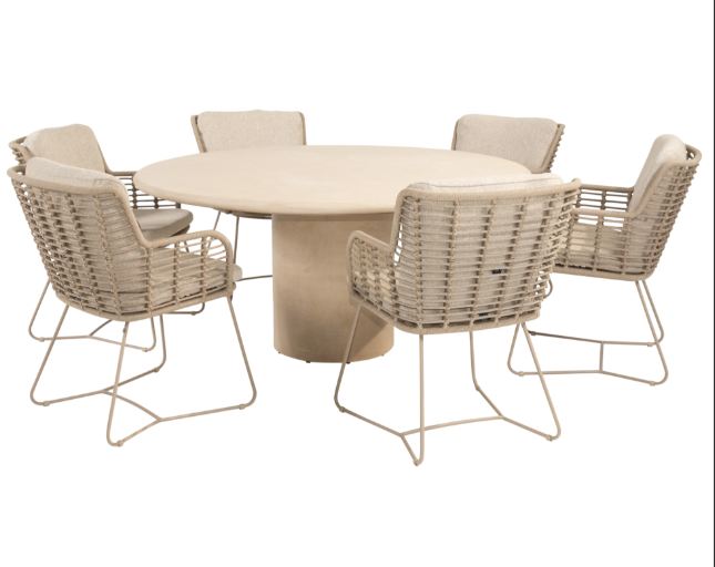 Dining tafel Hampton mortex Ø160 cm + Dining stoel Fabrice latte 8-dlg