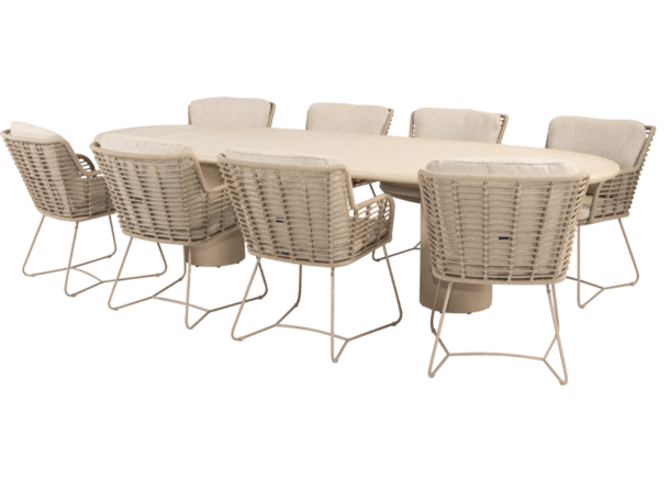 Dining tafel Hampton mortex ovaal 300 cm + Dining stoel Fabrice latte 8-dlg
