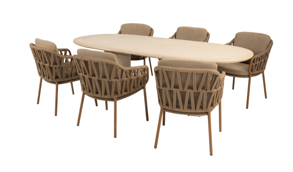 Dining tafel Hampton ovaal mortex 240 cm + Dining stoel Biarritz amber 7-dlg