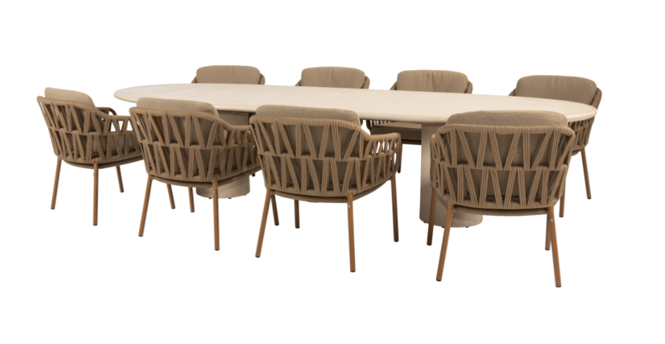 Dining tafel Hampton ovaal mortex 300 cm + Dining stoel Biarritz amber 9-dlg