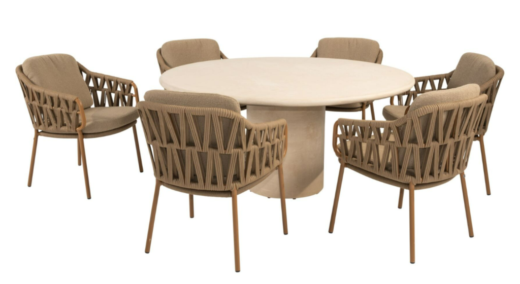 Dining tafel Hampton rond mortex Ø160 cm+ Dining stoel Biarritz amber 8-dlg