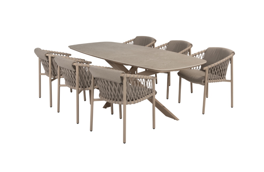 Dining tafel Prado barrel latte 240 cm + Dining stoel Allora 8-dlg