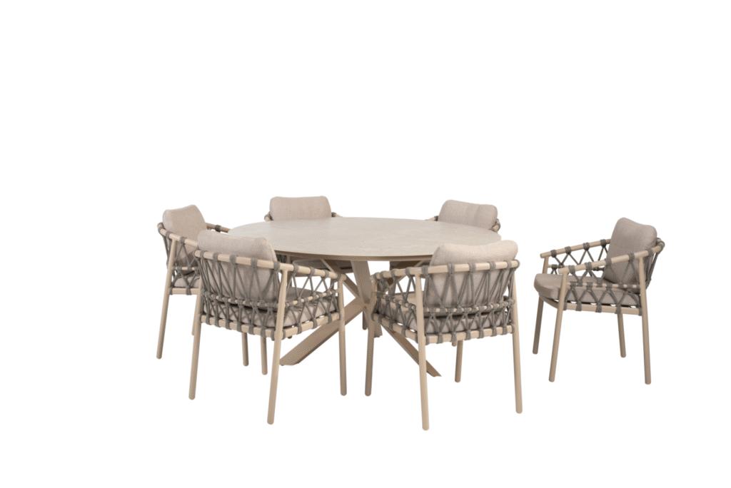 Dining tafel Prado latte Ø160 cm + Dining stoel Piacenza 8-dlg