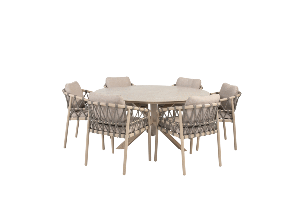 Dining tafel Prado latte Ø160 cm + Dining stoel Piacenza 8-dlg