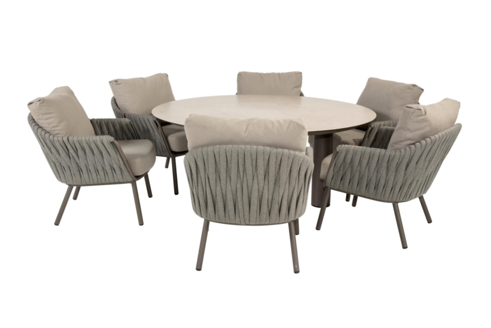 Low dining tafel Donato terre Ø160 cm + Low dining stoel Cannes 7-dlg