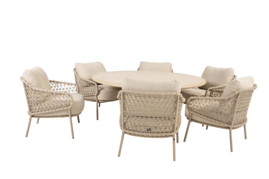 Low dining tafel Hampton mortex Ø160 + Low dining stoel Sardinia 8-dlg