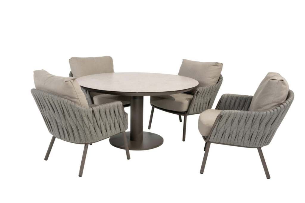 Low dining tafel Sara terre Ø130 cm + Low dining stoel Cannes 5-dlg