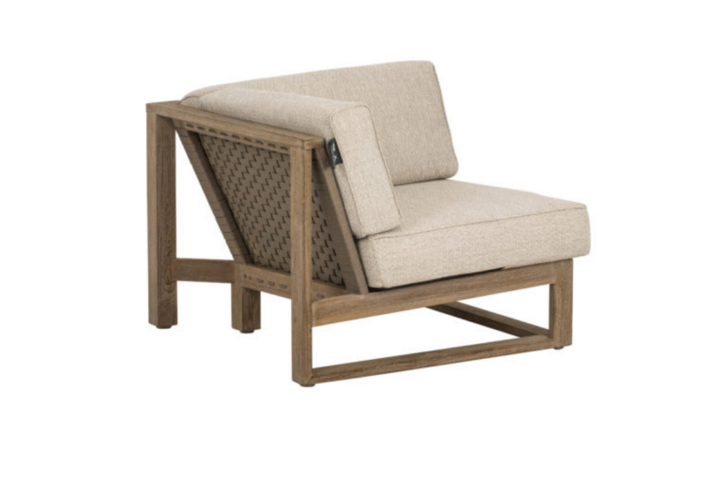 Antigua corner chair 81, teak Coastal, belt+rope weaving Taupe, Bee Wett cushions Natural Oak