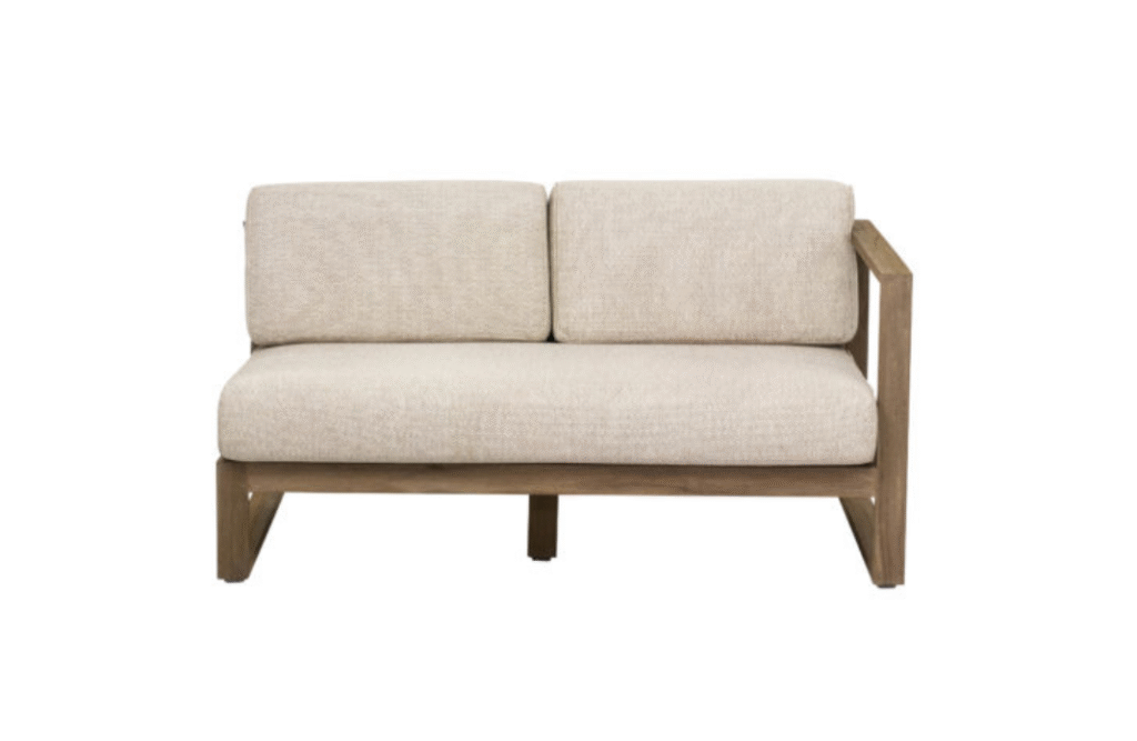 Antigua sofa-left 131, teak Coastal, belt+rope weaving Taupe, Bee Wett cushions Natural Oak