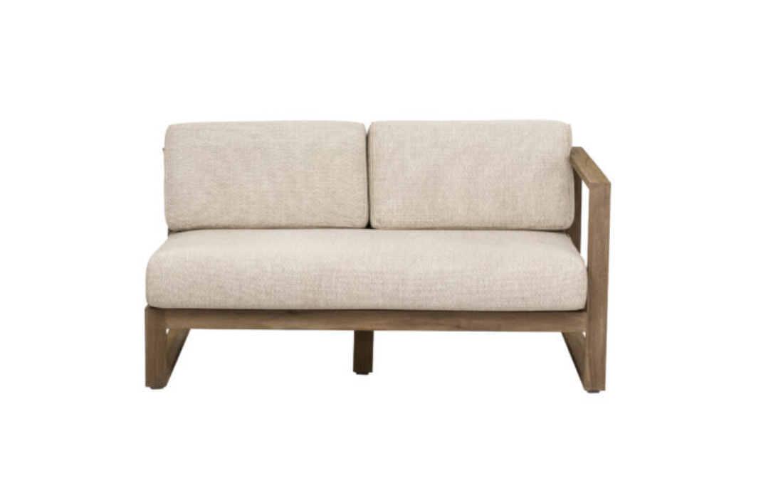 Antigua sofa-left 131, teak Coastal, belt+rope weaving Taupe, Bee Wett cushions Natural Oak