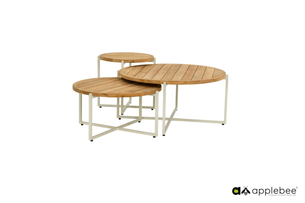 Condor coffee table dia. 94x44h cm, base alu Oyster, top teak Natural