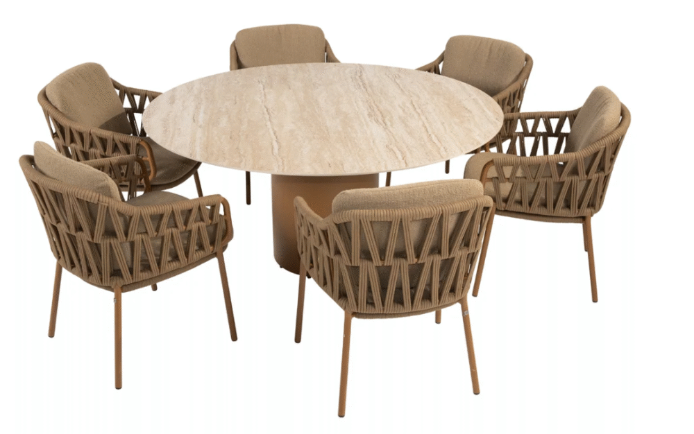 Dining tafel Colorado travertin Ø160 cm + Dining stoel Molina 8-dlg