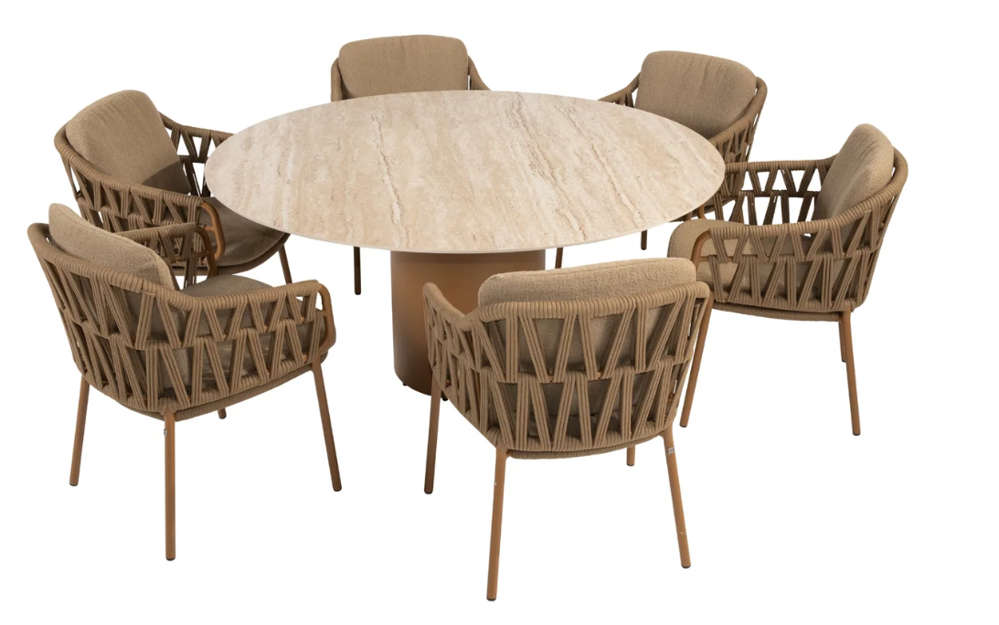Dining tafel Colorado travertin Ø160 cm + Dining stoel Molina 8-dlg