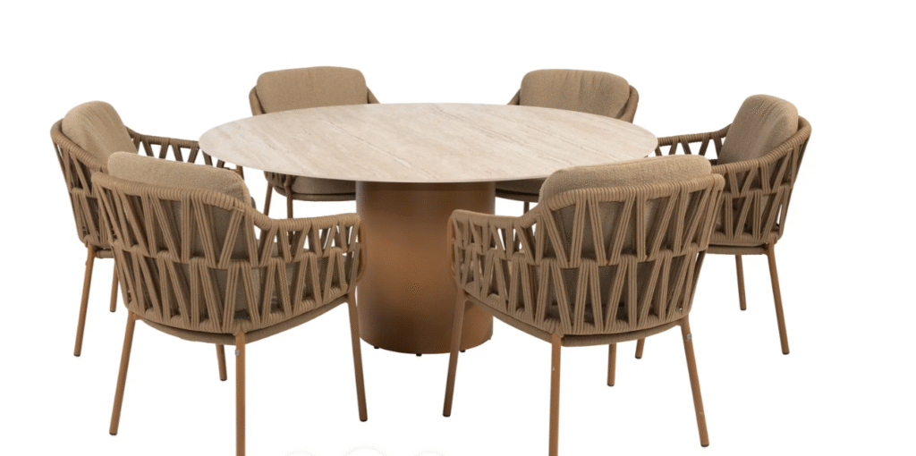 Dining tafel Colorado travertin Ø160 cm + Dining stoel Molina 8-dlg