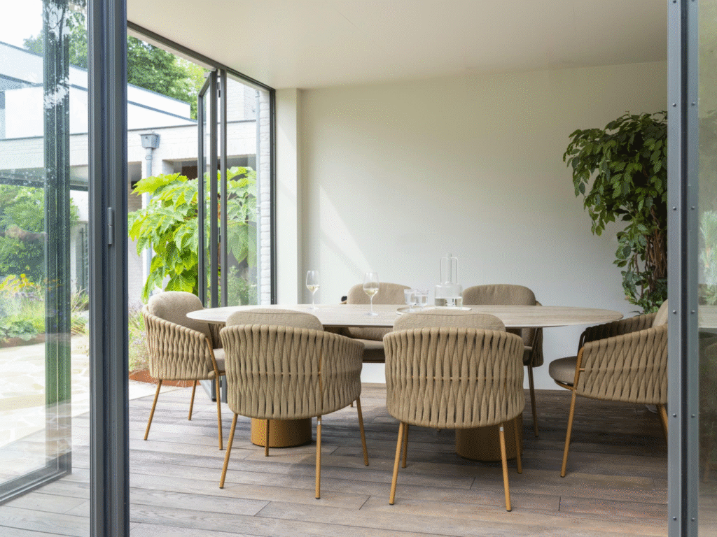 Dining tafel Colorado travertin ovaal + Dining stoel Molina 8-dlg