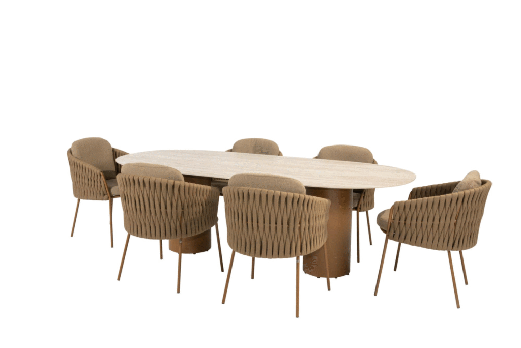 Dining tafel Colorado travertin ovaal + Dining stoel Molina 8-dlg