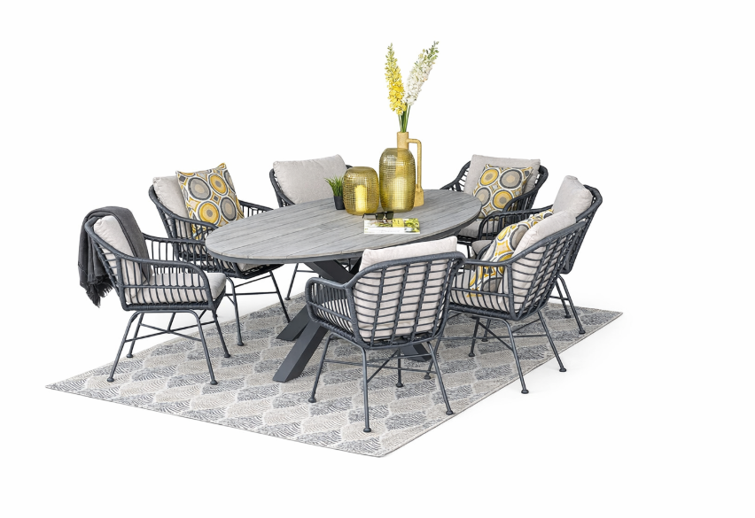 Dining tafel Edison Grey teak 220 cm + Dining stoel Margriet sand 7-dlg