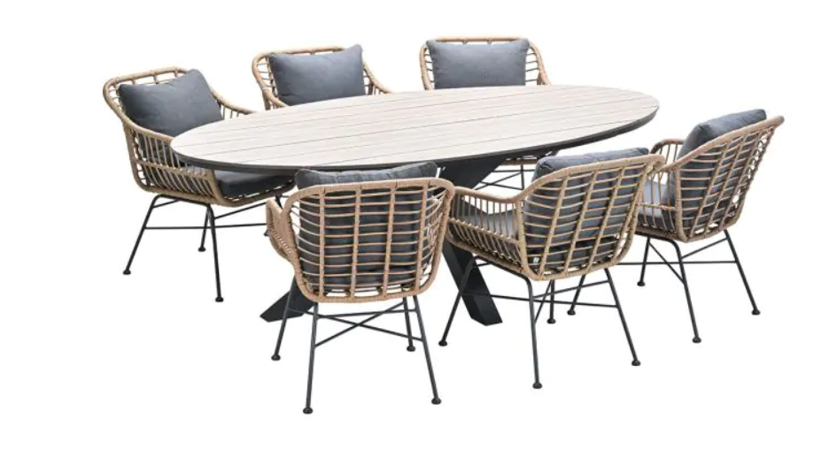 Dining tafel Edison Light teak 220 cm + Dining stoel Margriet rotan 7-dlg