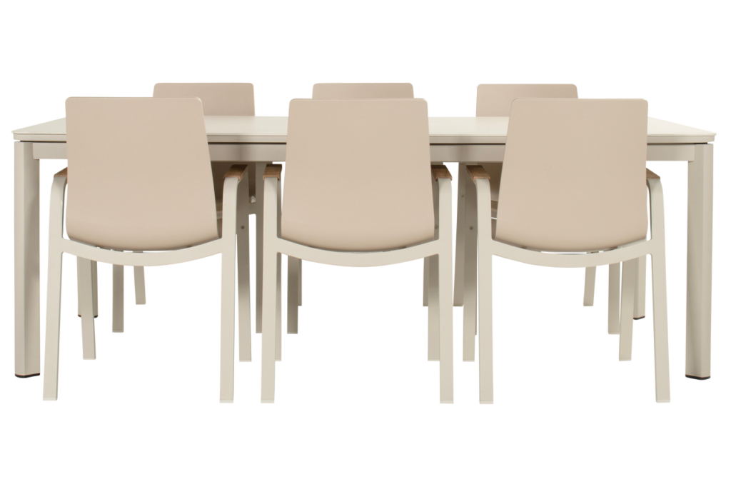 Dining tafel Kyra sand 240 cm + Dining stoel Flow teak 7-dlg