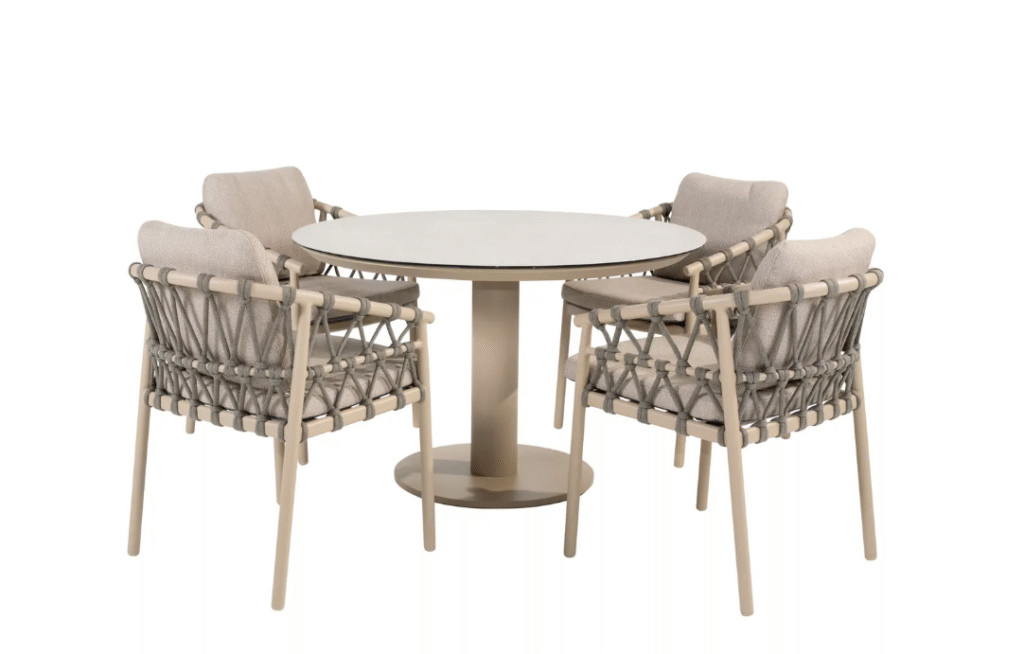 Dining tafel Sara latte Ø120 cm + Dining stoel Piacenza 5-dlg