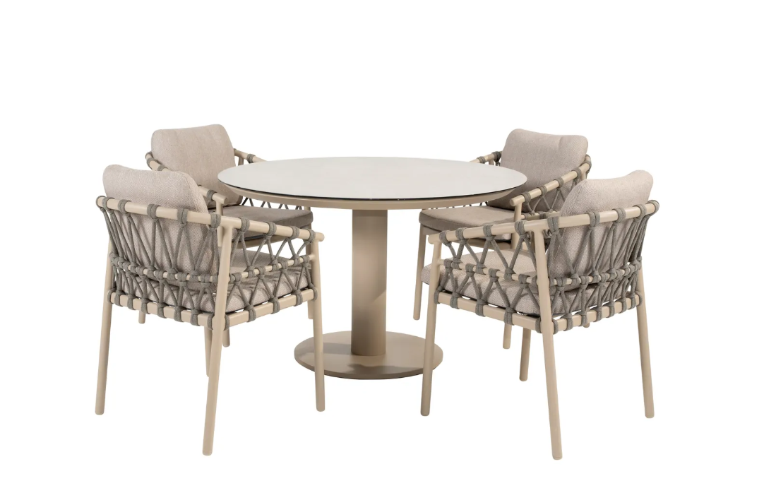 Dining tafel Sara latte Ø120 cm + Dining stoel Piacenza 5-dlg