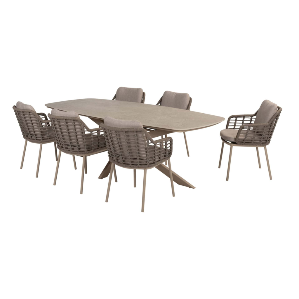 Dining tafel Prado barrel latte 240 x 105 cm + Dining stoel Puglia 8-dlg