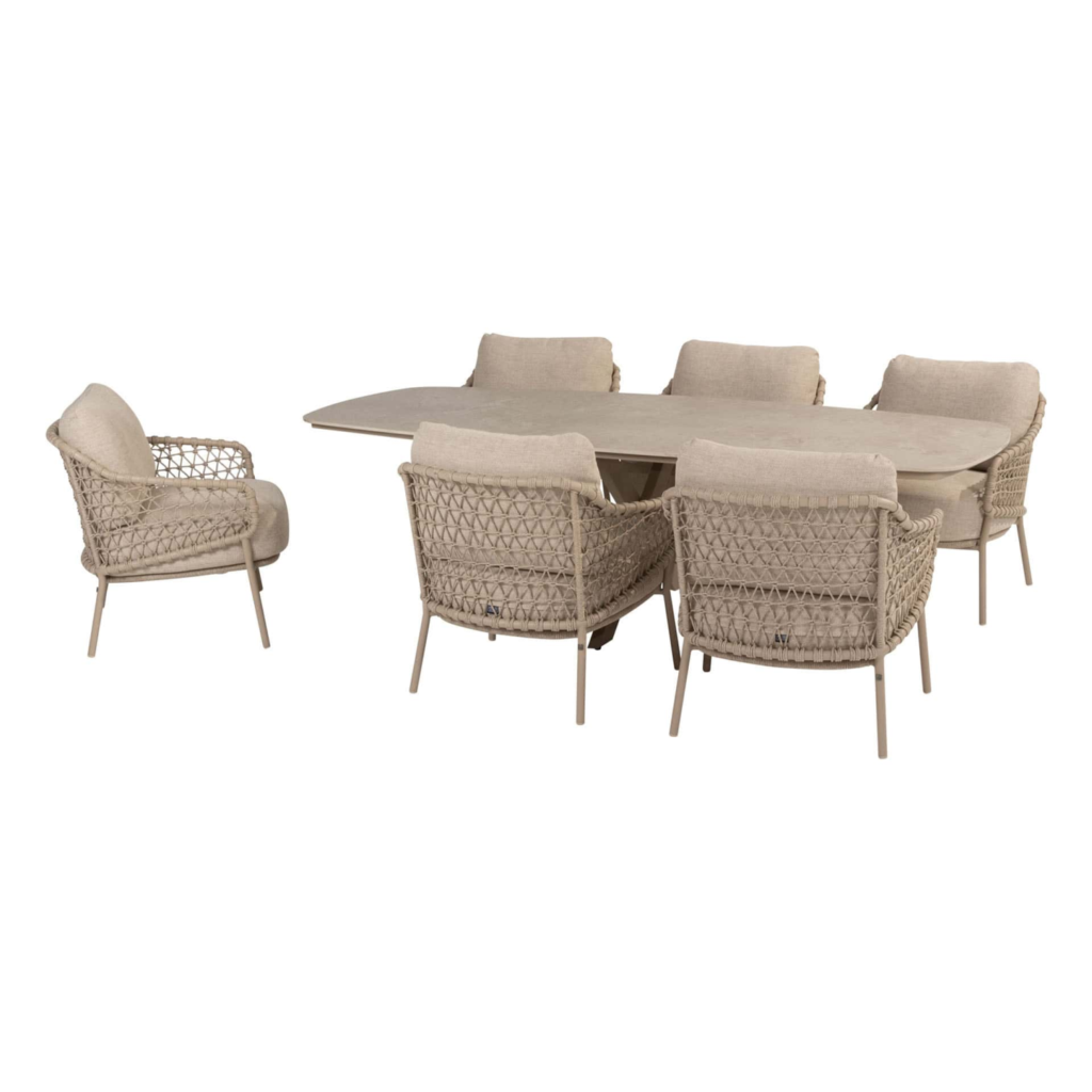 Low dining tafel Nevada barrel 250 x 105 cm latte + Low dining stoel Sardinia 8-dlg