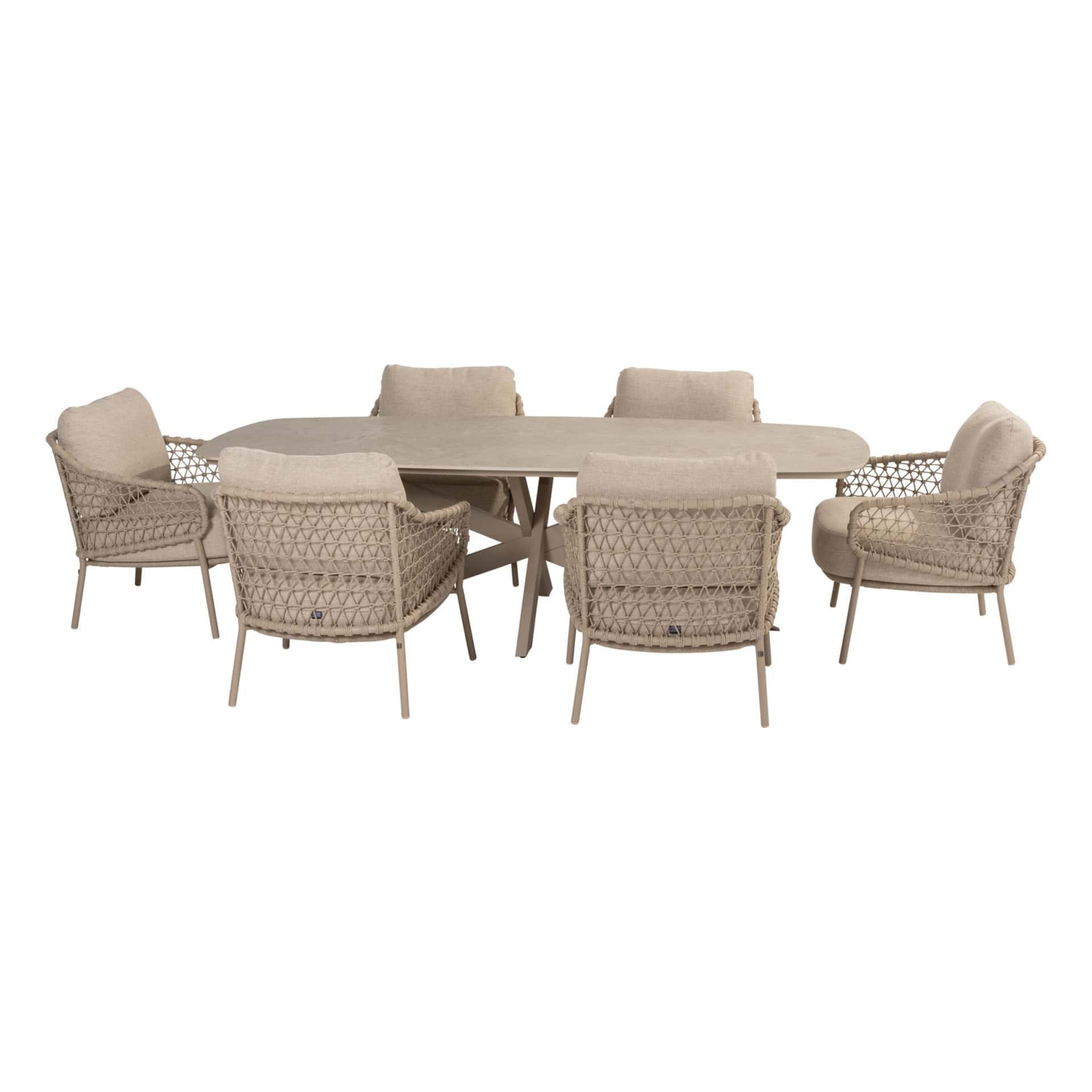 Low dining tafel Nevada barrel 250 x 105 cm latte + Low dining stoel Sardinia 8-dlg