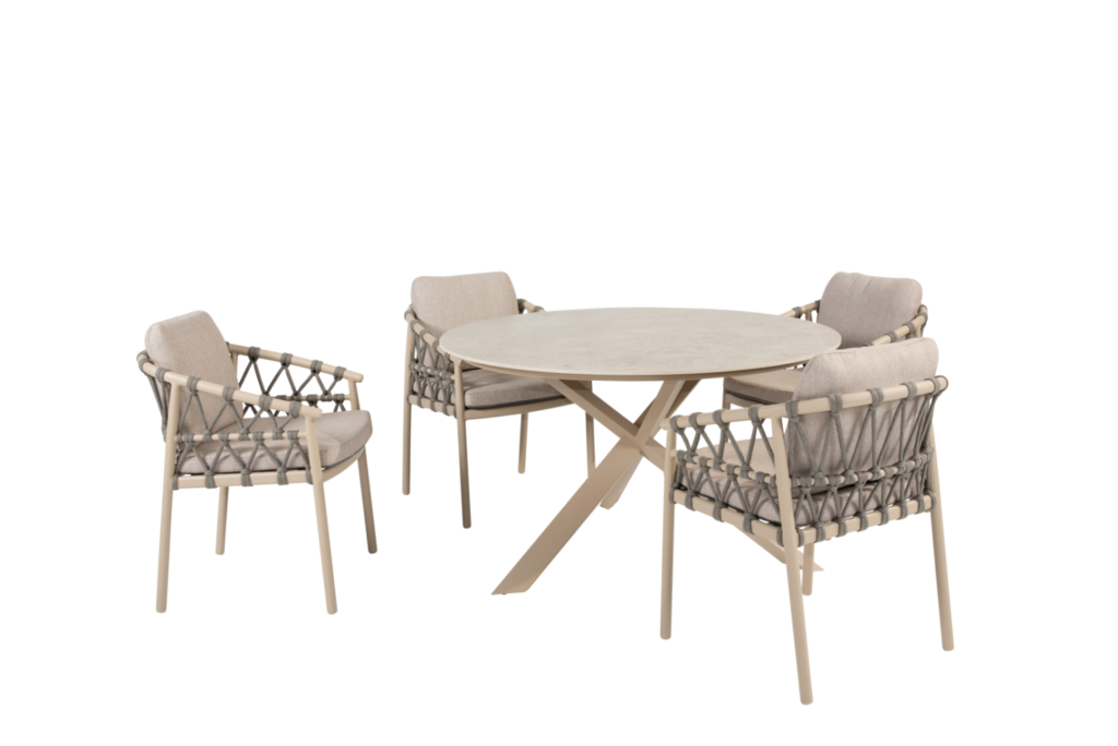 Dining tafel Prado latte Ø130 cm + Dining stoel Piacenza 6-dlg